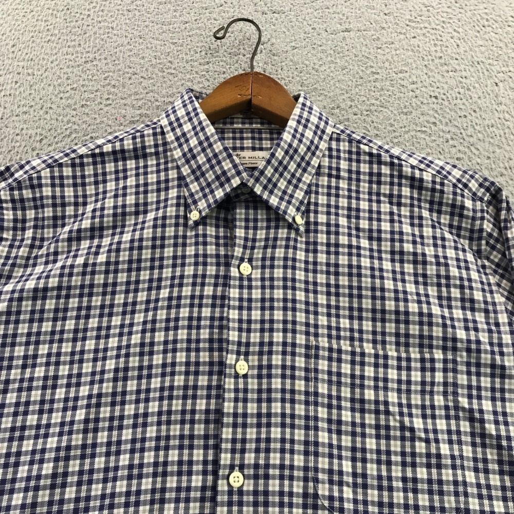 Peter Millar Shirt Men Large Blue Gray Plaid Crown Fleece Supima Cotton Cashmere